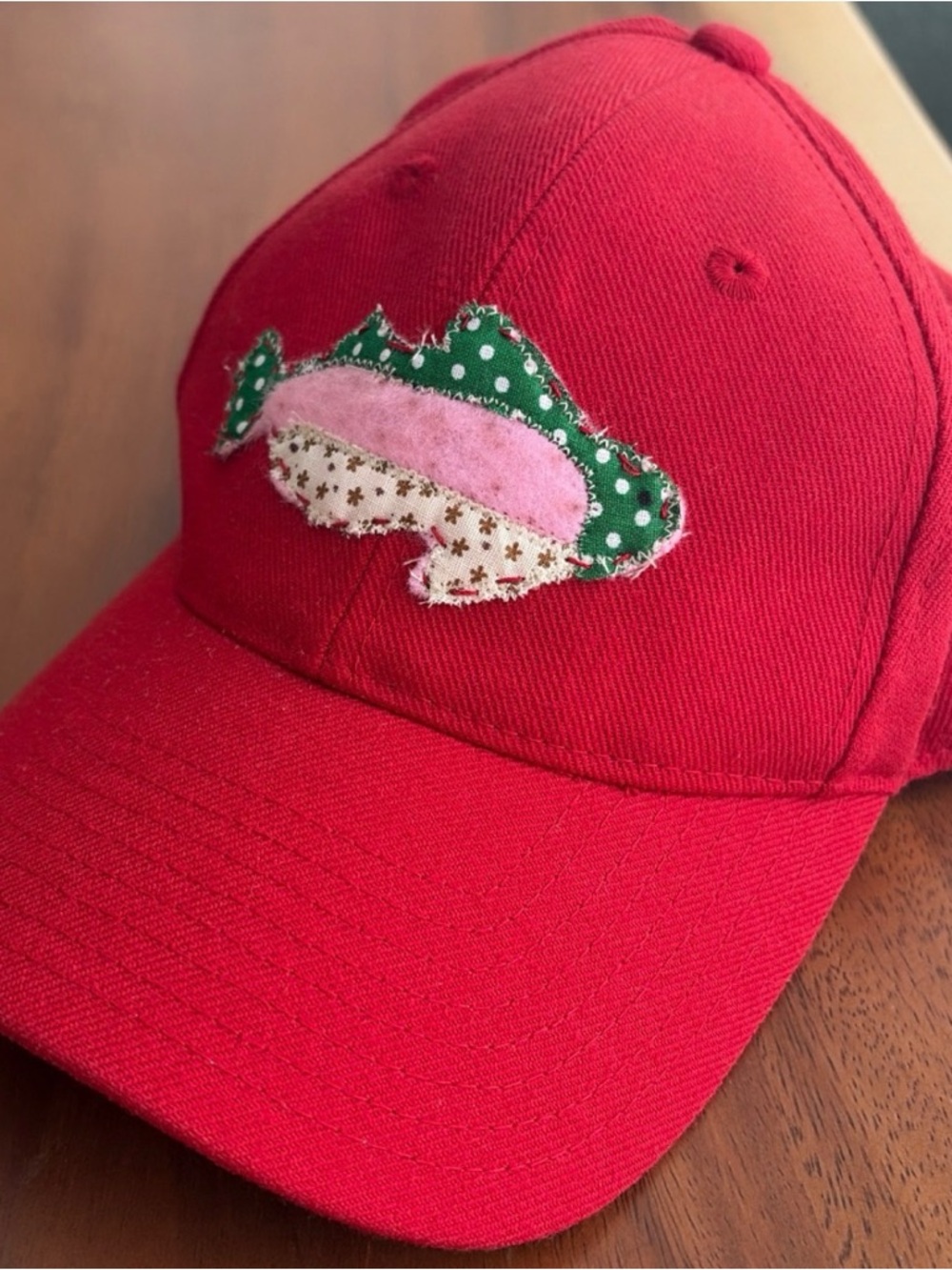 Custom Red Baseball Cap with Quilted Fish Patch